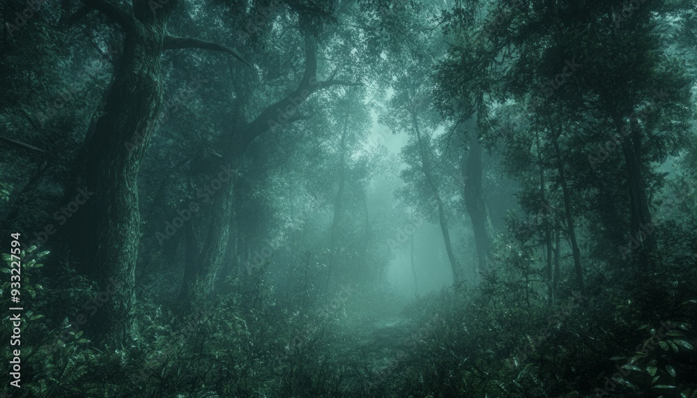 Spooky Forest Filled with Dense Fog and Silhouetted Trees in Eerie Twilight Spooky Forest Filled with Dense Fog and Silhouetted Trees in Eerie Twilight