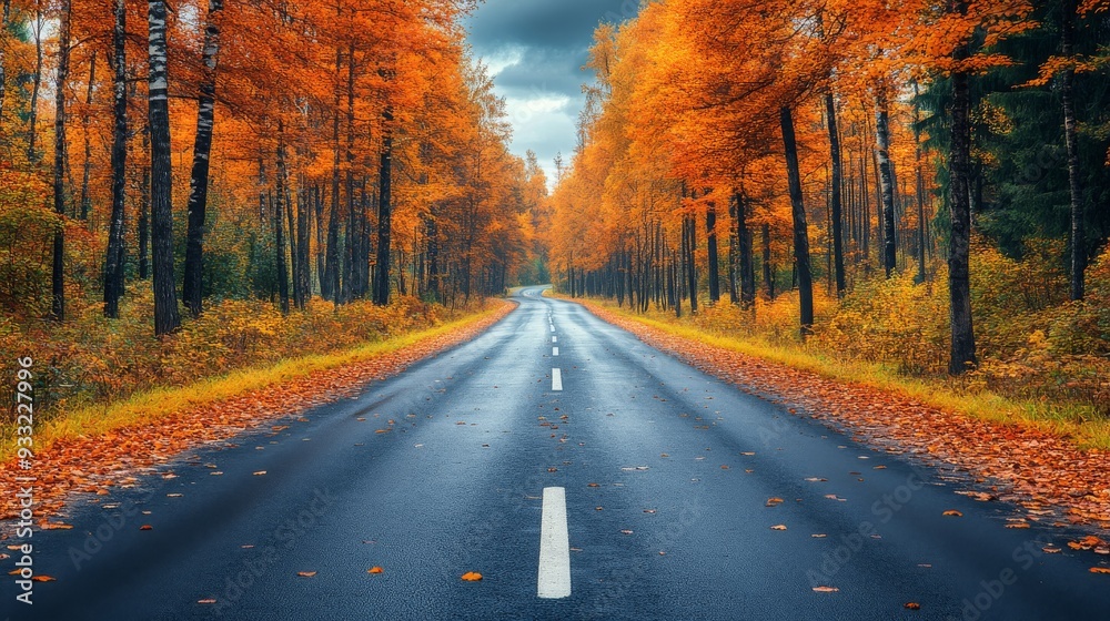 Obraz premium Scenic autumn drive through a countryside lined with vibrant trees and fallen leaves