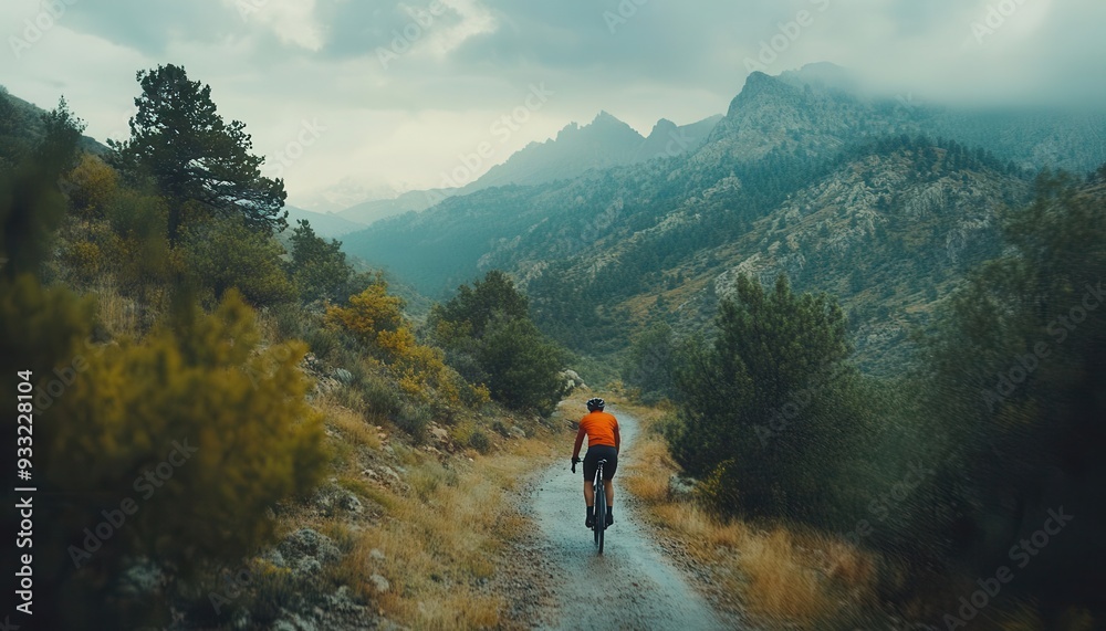 Active lifestyle with a person cycling through a scenic landscape, captured in motion, Dynamic, Cool Tones, High Energy Active lifestyle with a person cycling through a scenic landscape, captured in motion, Dynamic, Cool Tones, High Energy