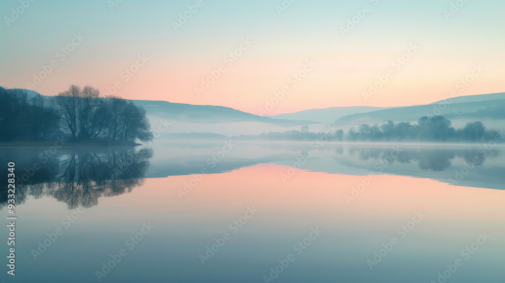 Fototapeta premium Serene lake at dawn with a pink ribbon reflection in the water 