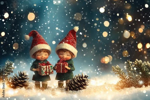 2 little smiling elves with a gift boxes in the snow, spruce twigs , littles cones, blured lights on background. Christmas greetings illustration with copy space on the right. 