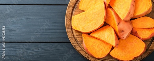 Bright orange sweet potato slices on a rustic wooden plate, sweet potato superfood, natural vitamin A-rich vegetable