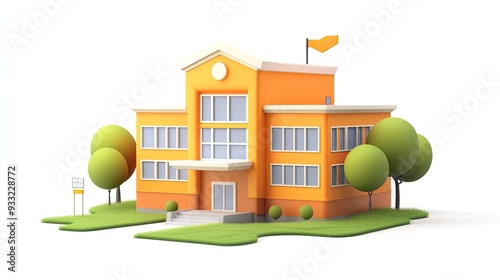A cute 3D cartoon style school building with a flag, trees, grass and steps.
