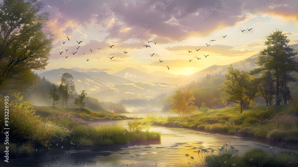 Fototapeta premium Nature's Dawn Symphony: A Harmonious Blend of Light, Water, and Wings in Serene Landscape Orchestra