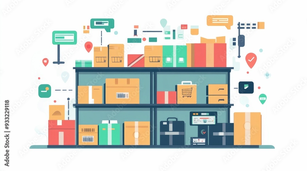 Obraz premium Flat design of an efficient supply tracking and barcoding system for logistics management warehouse inventory control
