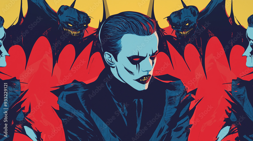 Pop art concept man in halloween vampire costumes. Bat background in pop art retro comic style. Halloween costume party poster background.