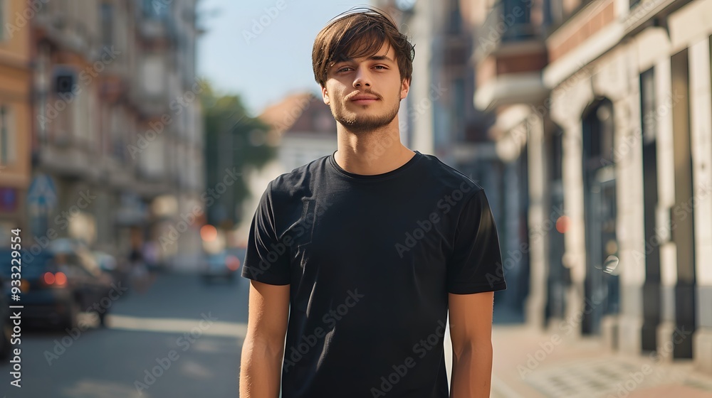 Young Model Shirt Mockup, Boy wearing black t-shirt on street in daylight, Shirt Mockup Template on hipster adult for design print, Male guy wearing casual t-shirt mockup placement.