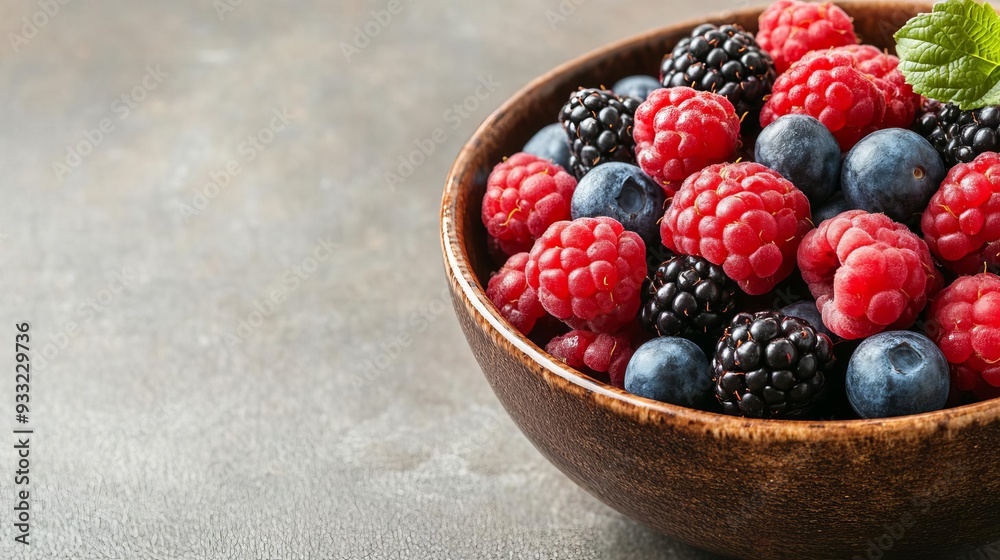 Bowl of mixed organic berries with a rustic background, berry superfood, natural antioxidant-rich snack Bowl of mixed organic berries with a rustic background, berry superfood, natural antioxidant-rich snack