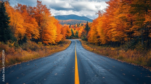 Scenic drive through vibrant autumn countryside with colorful trees and mountains in the background