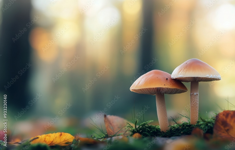 Two vibrant mushrooms grow amidst colorful autumn leaves in a serene forest setting Two vibrant mushrooms grow amidst colorful autumn leaves in a serene forest setting