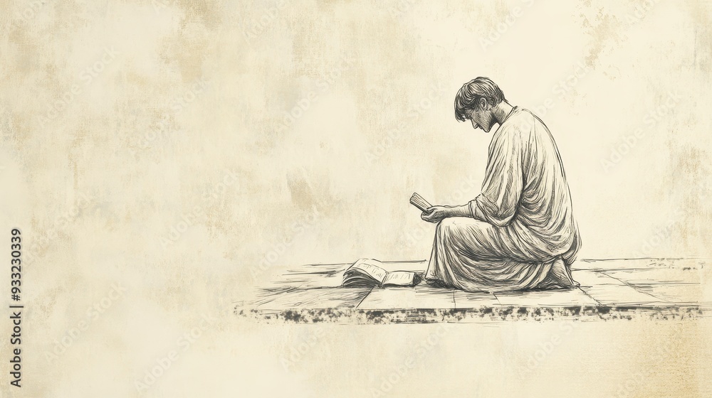 Fototapeta premium Biblical Illustration of Psalms 19: A figure kneeling in prayer before an altar, offering words as pure as gold and valuable as refined silver, perfect for spiritual reflection and teaching.