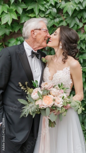 The bride kisses her father, surrounded by lush greenery, showcasing a heartfelt family moment at a wedding photo