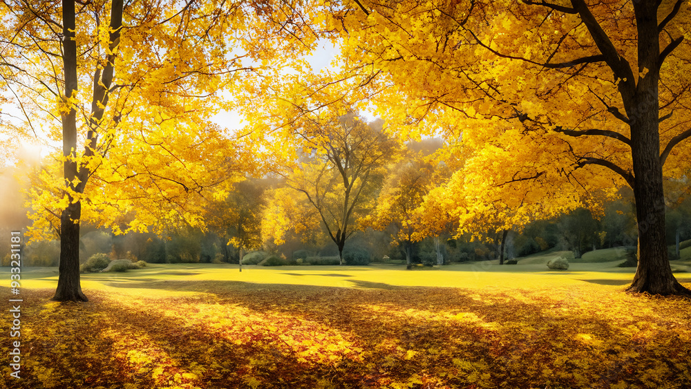 A captivating autumn landscape featuring yellow trees and sunlight. A captivating autumn landscape featuring yellow trees and sunlight.