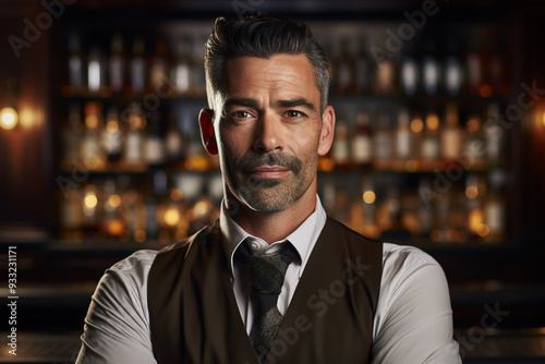 Classic bar pub with professional bartender barkeeper barman, Generative AI illustration photo