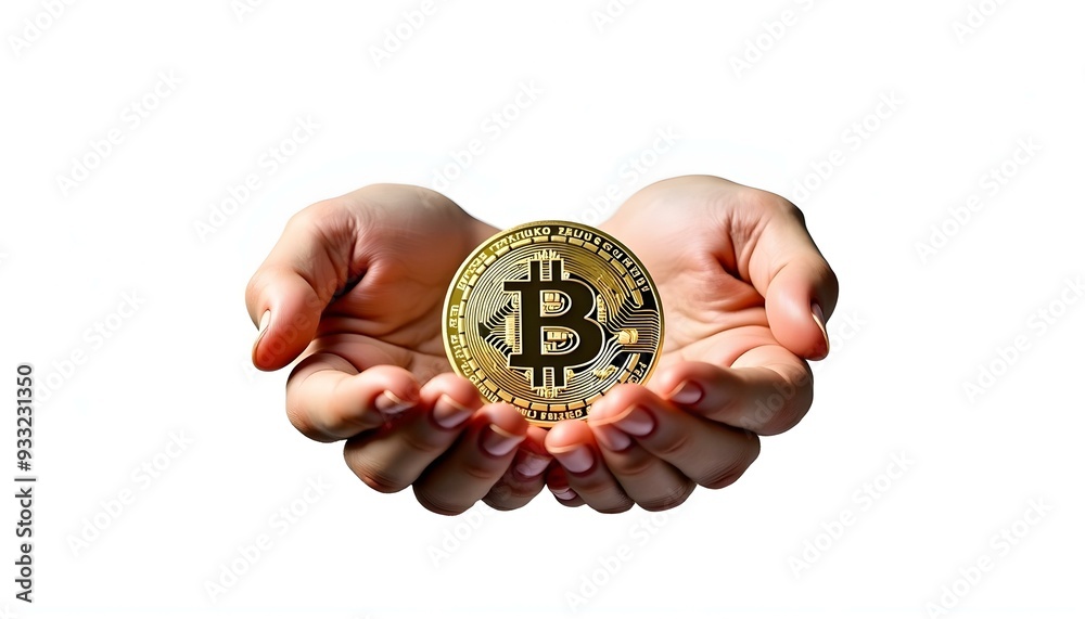 One hands holding bitcoin, isolated white background, hands holding bitcoin, bitcoin on white background, bitcoin background One hands holding bitcoin, isolated white background, hands holding bitcoin, bitcoin on white background, bitcoin background