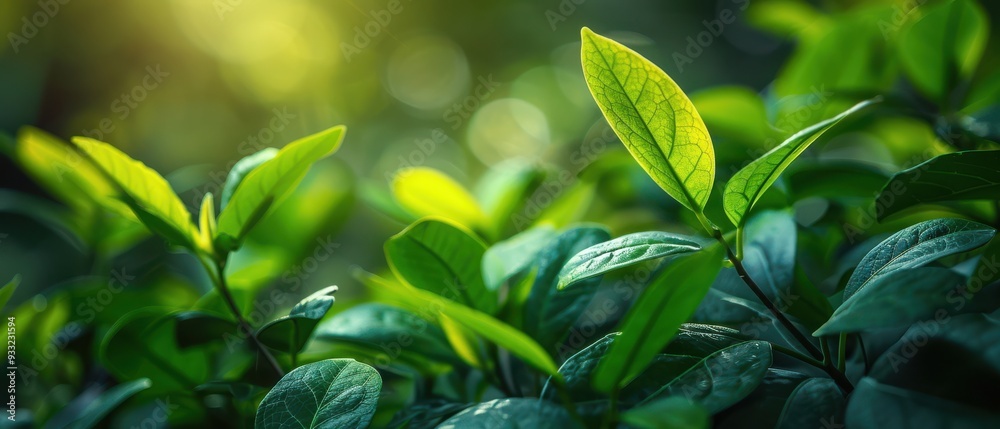 Close-up of vibrant green leaves with sunlight filtering through, evoking a fresh and natural atmosphere. Free copy space for text.