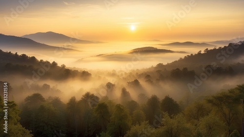 The first light of sunrise breaking over a dense forest, illuminating the misty morning with soft golden hues, as the world slowly wakes up.