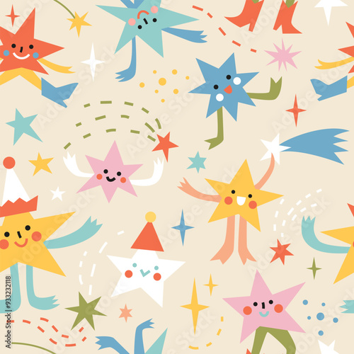 Seamless pattern with Cute abstract dancing shooting stars.  Hand drawn vector illustration. Naive childish design. Funny Christmas background, wrapping paper.