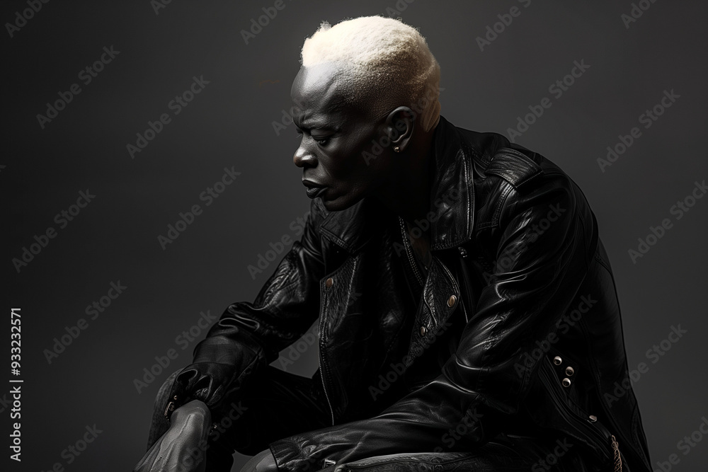 A portrait of a man in a dark leather jacket with white blond hair. Male m with black background and copy space. A portrait of a man in a dark leather jacket with white blond hair. Male m with black background and copy space.