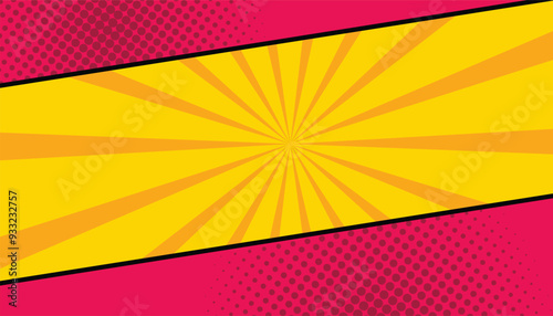 Sun rays with halftone on yellow and red background. vintage pop art design. blank comic thumbnail background. comic book template. vector illustration