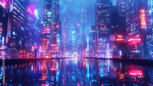 Futuristic Neon Cityscape at Night with Reflections on Wet Streets and Skyscrapers Illuminated by Vibrant Lights