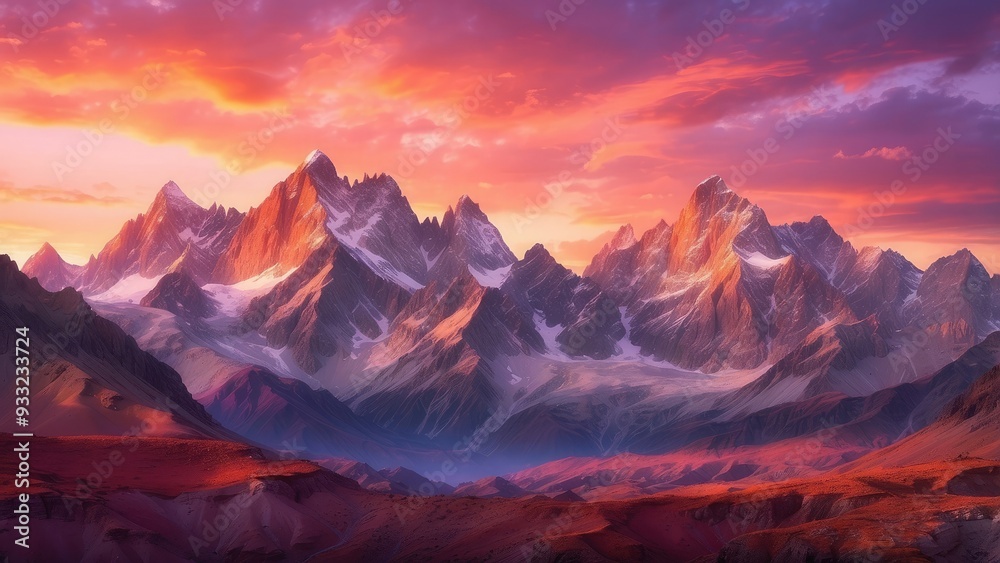 Obraz premium A breathtaking sunset over towering mountains, with the sky painted in shades of orange, pink, and purple, casting a warm glow on the rugged peaks.-