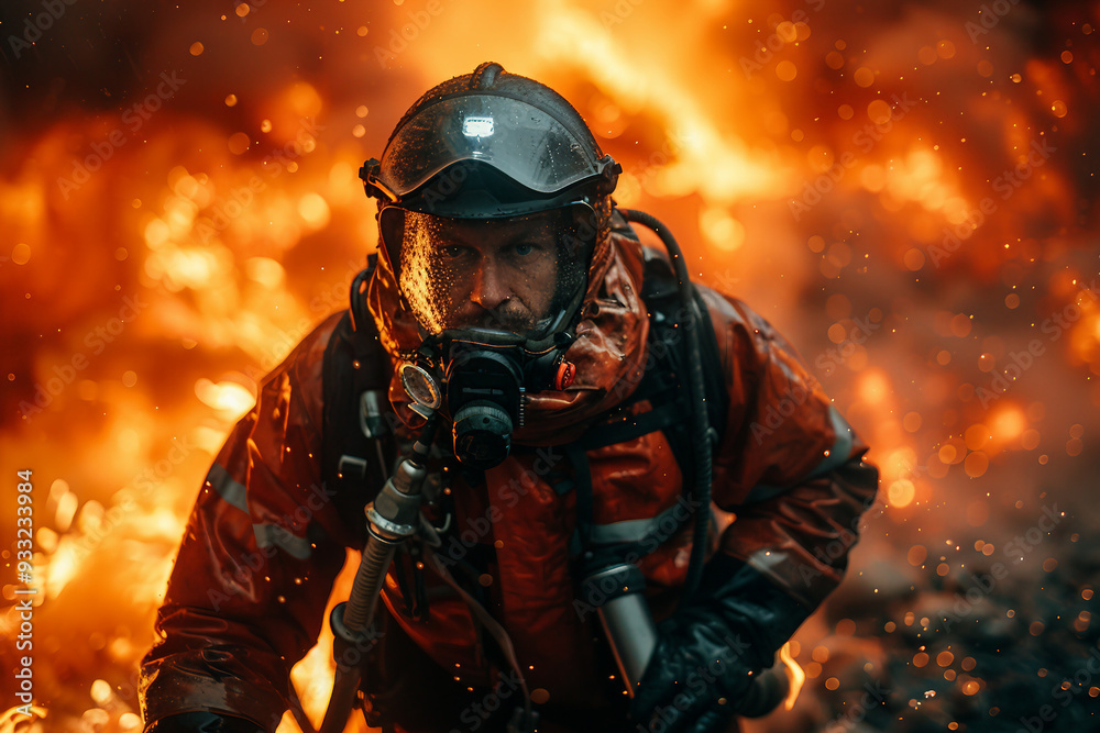 AI generated picture of a brave firefighter in the light of flames burning building AI generated picture of a brave firefighter in the light of flames burning building
