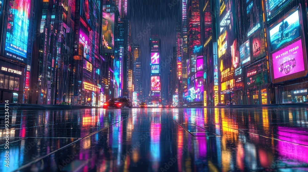 Neon-Lit Urban Street at Night with Reflections on Wet Pavement in a Futuristic Cityscape Neon-Lit Urban Street at Night with Reflections on Wet Pavement in a Futuristic Cityscape