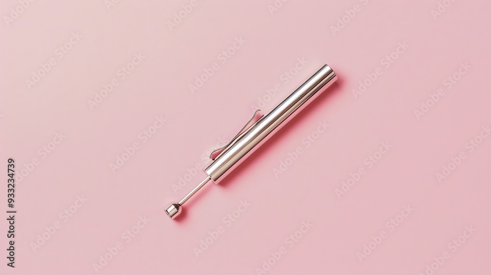 A silver pen with a clip on a pink background. A silver pen with a clip on a pink background.