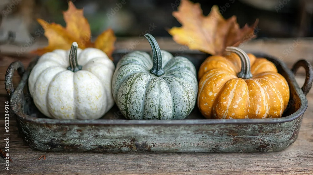 A metal container holds a collection of pumpkins atop a wooden table, with leaves covering their tops A metal container holds a collection of pumpkins atop a wooden table, with leaves covering their tops