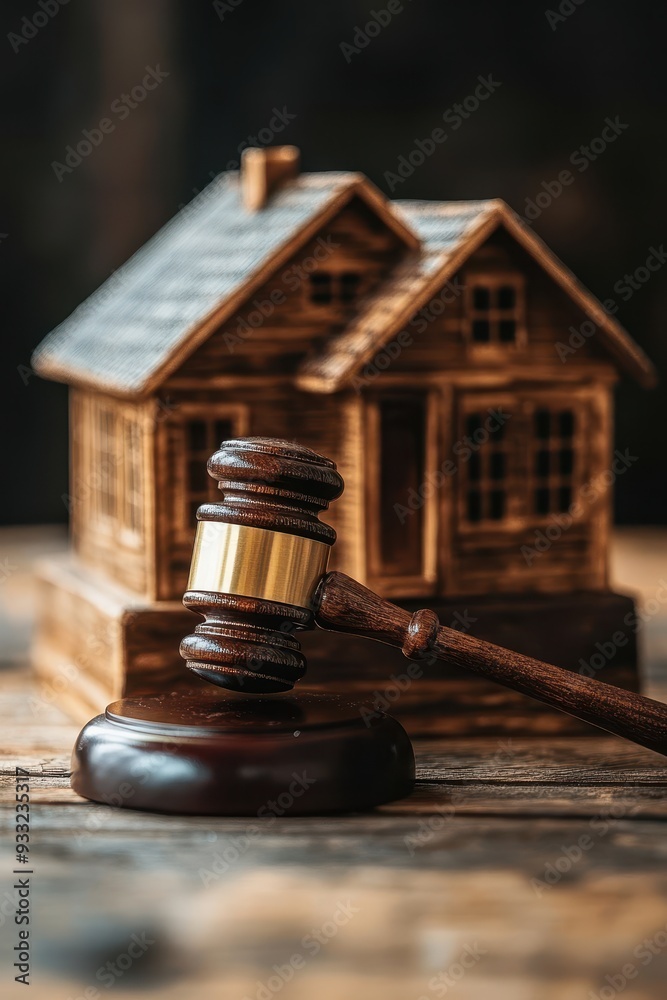 Wooden Gavel and House Model on Wooden Table Representing Real Estate Law and Property Auctions Wooden Gavel and House Model on Wooden Table Representing Real Estate Law and Property Auctions