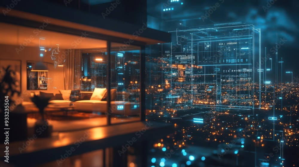 Smart home with connected devices, automated lighting, and a futuristic vibe, Modern, Cool Tones, High Detail
