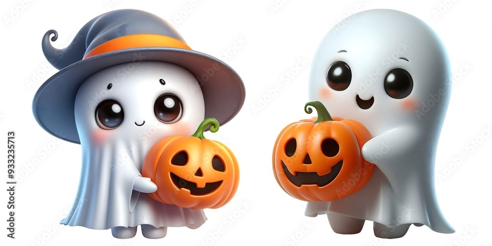 Fototapeta premium Adorable Halloween Ghost Holding a Pumpkin. Happy Ghost with Jack-o'-lantern for Halloween