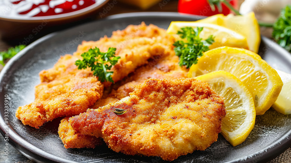 Delicious authentic breaded and deep-fried Wiener schnitzel served with lemon and mashed potatoes on a a plate Delicious authentic breaded and deep-fried Wiener schnitzel served with lemon and mashed potatoes on a a plate