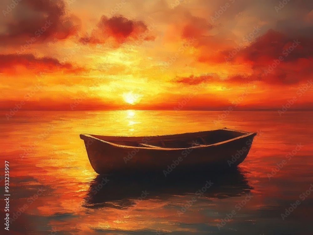 Sunset over water, with a boat gently floating and the sky painted in warm hues, Tranquil, Warm Tones, High Detail Sunset over water, with a boat gently floating and the sky painted in warm hues, Tranquil, Warm Tones, High Detail
