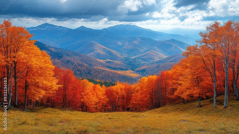 Naklejka premium Scenic mountain landscape with vibrant autumn foliage in a tranquil natural setting