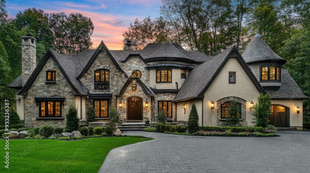 A large, luxurious stone house with a cobblestone driveway and manicured lawn at sunset. A large, luxurious stone house with a cobblestone driveway and manicured lawn at sunset.