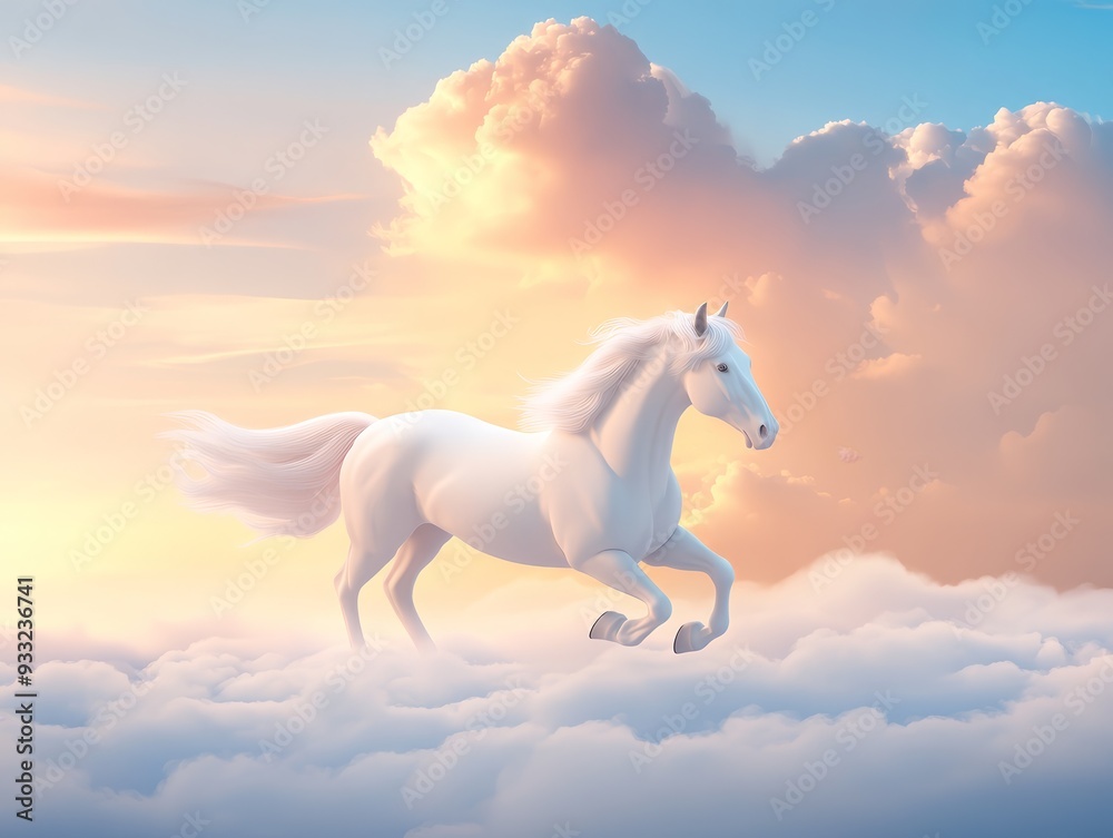 A majestic white horse gallops through a dreamy sky filled with fluffy clouds and a warm, colorful sunset. A majestic white horse gallops through a dreamy sky filled with fluffy clouds and a warm, colorful sunset.