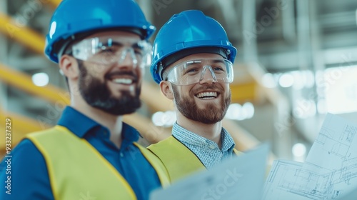 Two smiling engineers in hard hats inspect blueprints in a modern industrial setting, showcasing teamwork and safety.
