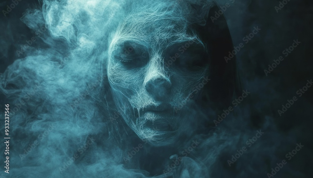 Ethereal Ghostly Face Shrouded in Mist with Ominous Dark Hooded Figure in Background Ethereal Ghostly Face Shrouded in Mist with Ominous Dark Hooded Figure in Background