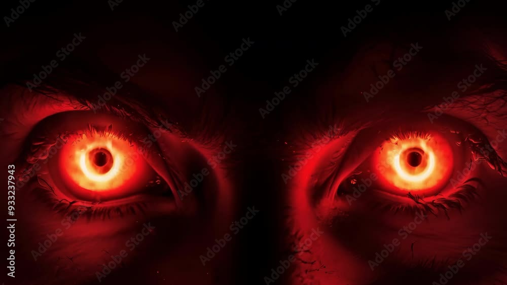 Devilish eyes of scary monster burn with red flames close up. Fire in pupils of demon from hell. Evil dark dangerous Creature with glowing pupil closeup. Devil macro view. Horror scene. Angry face.