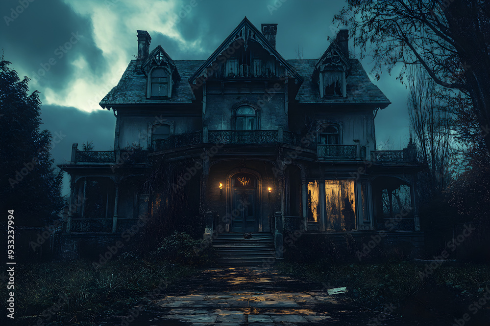 Fototapeta premium Spooky Victorian House with Moonlight. Eerie Abandoned Mansion with Creepy Windows