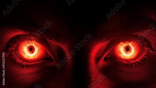 Devilish eyes of scary monster burn with red flames close up. Fire in pupils of demon from hell. Evil dark dangerous Creature with glowing pupil closeup. Devil macro view. Horror scene. Angry face.
