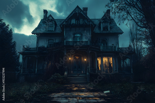 Spooky Victorian House with Moonlight. Eerie Abandoned Mansion with Creepy Windows