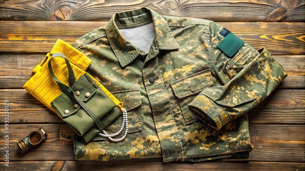 Obraz premium Army green camouflage uniform with bright yellow stripes laid on a rustic wooden table amidst scattered combat gear and dog tags.