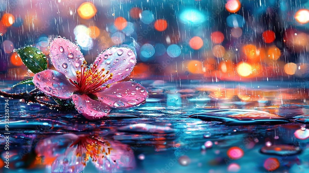 Fototapeta premium A pink flower atop a blue surface, surrounded by colorful lights and a puddle of water below
