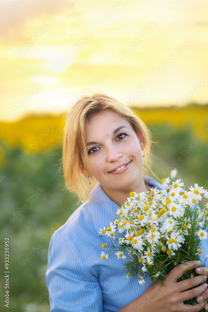 smiling happy woman with a bouquet of daisies in a field of sunflowers smiling happy woman with a bouquet of daisies in a field of sunflowers