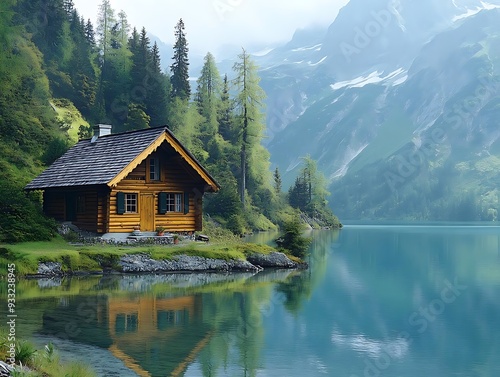 Wooden Cabin on a Mountain Lake - Realistic Image