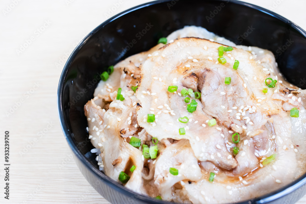 Donburi rice topped with chashu pork slices in a black bowl. Donburi rice topped with chashu pork slices in a black bowl.