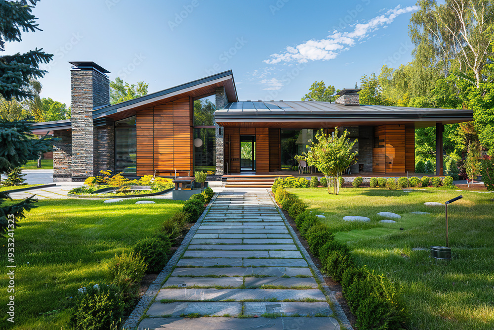 Fototapeta premium Modern house in suburb with beautiful green landscape